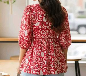 Chic Red Floral Print Peplum Top