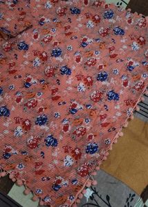 Peach Floral Print Kurta with Pom-Pom Trim