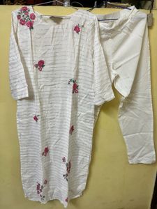 White Kurta Set with Pink Floral Embroidery