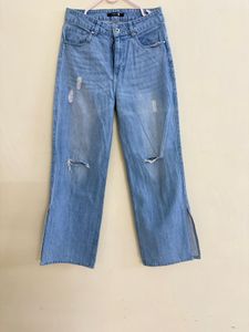 Light Wash Distressed Wide-Leg Jeans