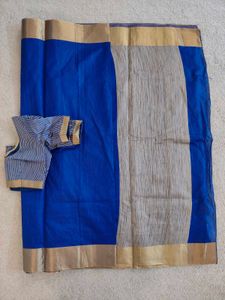 Simple Royal blue Saree with Striped Blouse