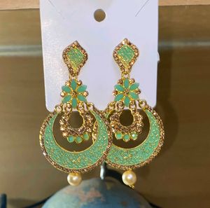 Mint &amp; Gold Tone Jhumka Earrings