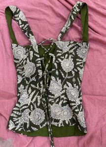 Green Floral Print Corset Top y2k