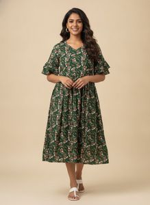 Green Floral Print Midi Dress