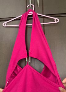 Hot Pink Halter Neck Cutout Ruched Dress