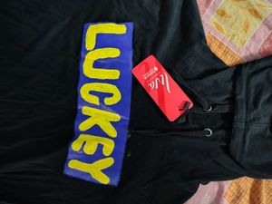Black hoodie with "LUCKEY" graphic