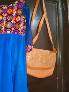 Elegant Embroidered Blue Ethnic Gown and bag free