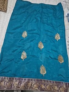 Teal Fabric with Gold Embroidery