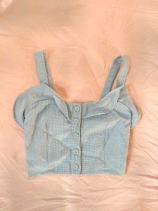 Cute Blue Gingham Button-Up Crop Top