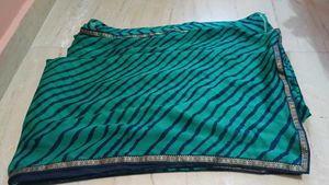 Teal Blue Saree with Navy Stripes