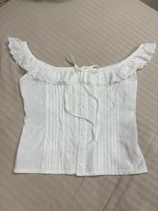 Off-Shoulder Lace Trim White Blouse