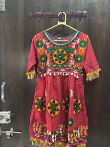Embroidered Tomato Red Kurta Set with Blue Pants