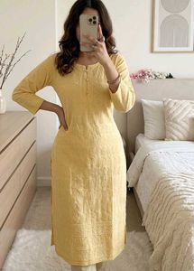 Yellow Embroidered Chikankari Work  Straight Kurta