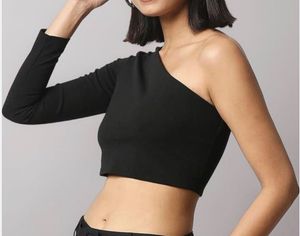Black One-Shoulder Ribbed Crop Top