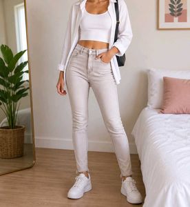 Casual Beige Pants with Frayed Hem