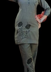 Best Grey Floral Embroidered Kurta and Pants Set