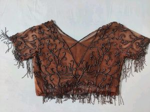 Brown Net blouse with tassels
