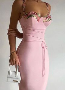 Pink Floral Neckline Corset Maxi Dress