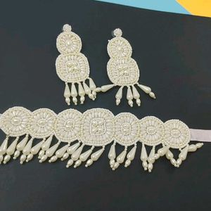 Elegant White Beaded Choker &amp; Earring Set