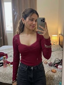 burgundy Lace Trim Long Sleeve Top