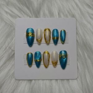 Sparkling Blue & Gold Press-On Nails