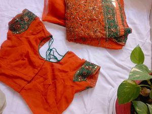 Orange Embellished Saree with Blouse