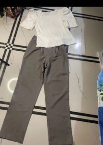 Chic White Puff Sleeve Top & Grey Trousers Set