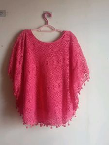 Pink Crochet Poncho Top with Tassels
