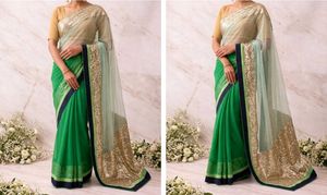 Elegant Green and white Saree with Glittery Bo