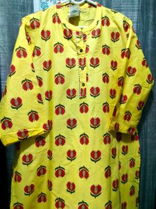 Bright Yellow Kurta with Red Floral Print
