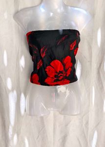 I. Black & Red Floral Strapless Top