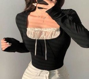 Black Lace Trim Square Neck Top