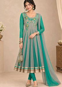 Grey & Teal Green Anarkali Suit Set