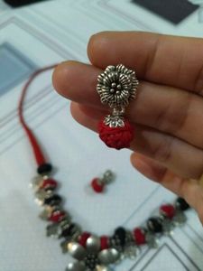 Boho Red Black Floral Necklace &amp; Earrings Set