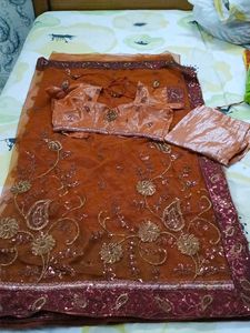 brown  net saree with blouse  peticot
