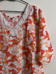 Orange Floral Print Kurta