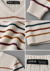 CREAM MULTI-COLOUR STRIPED V-NECK SWEATER