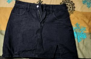 Black Denim Mini Skirt with Slit