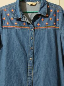 Denim Midi Dress with Embroidery