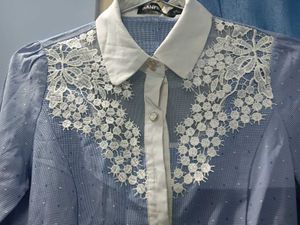 Elegant Blue Lace Detail Button-Up Shirt