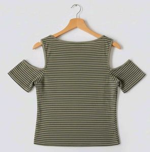 Olive Striped Cold Shoulder Top