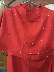 Elegant Red Kurta with Pearl Embellishments