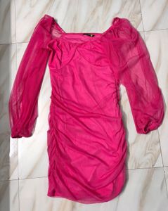 Hot Pink Sheer Sleeve Ruched Dress
