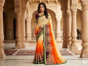 Elegant Cream & Orange Embroidered Saree