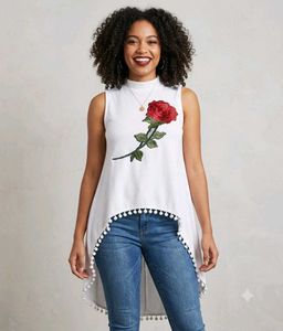 White Rose Embroidered High-Low Sleeveless Tunic