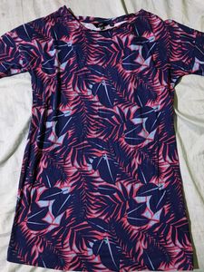 Tropical Leaf Print Navy Dress