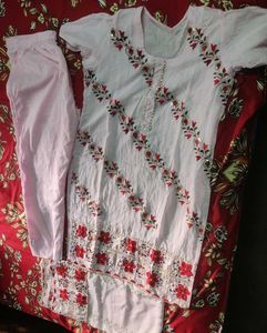 Embroidered Pink Cotton Kurti with Pants