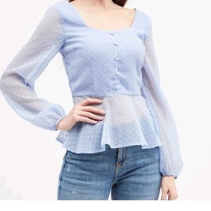 Light Blue Swiss Dot Peplum Top