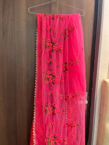 Hot Pink Floral Embroidered Dupatta
