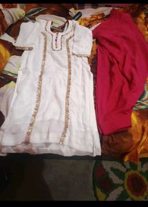 Elegant White Kurta Set with Pink sal